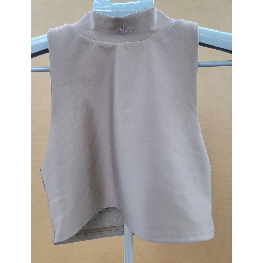 Alo Yoga Womens Mock Neck Open Back Crop Tank Top Taupe Size Medium Gym Workout
